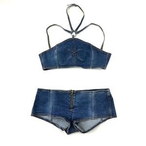 Vintage 90s Deadstock denim set Large Low rise halter top NEW with tags